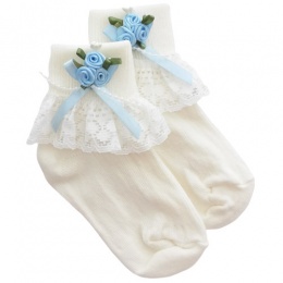 Girls Ivory Lace Socks with Baby Blue Rosebud Cluster
